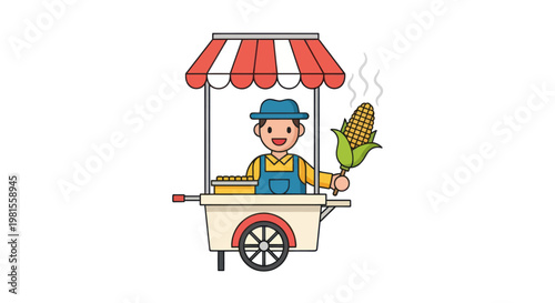 Street vendor selling corn on the cob from a colorful cart, cartoon style.