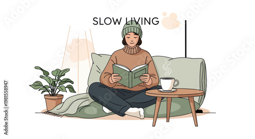Cozy woman reading book on sofa, enjoying slow living with hot drink