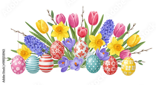 Easter Egg Flower Arrangement with Tulips, Daffodils, Hyacinths, and Crocuses