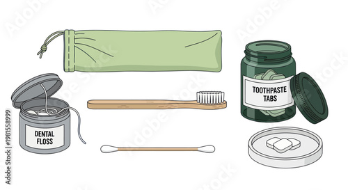 Eco-friendly dental hygiene kit: toothbrush, floss, toothpaste tabs, cotton swabs
