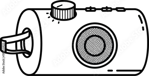 Simple line drawing of a vintage film camera with a lens and viewfinder