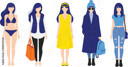 Versatile female character fashion set featuring various outfits including a blue bikini casual denim jeans yellow summer dress and winter coat for seasonal lifestyle vector design.