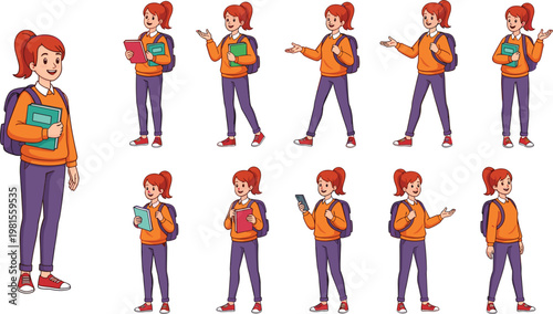Vector set of a school girl character with backpack and books in various poses for education learning academic students and back to school marketing concepts