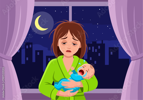Tired Mother Holding Crying Baby at Night, Exhausted Mom with Messy Hair and Dark Circles, Postpartum Depression and Sleep Deprivation Concept Illustration