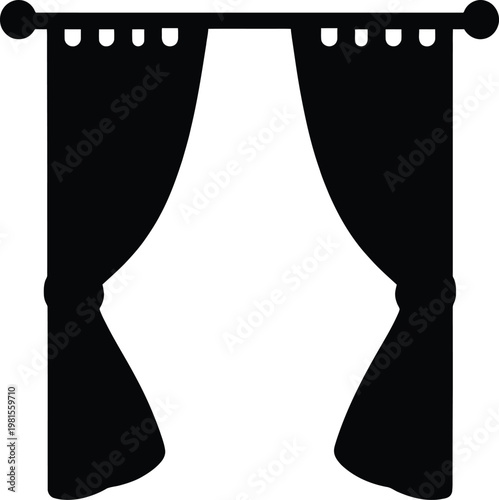 Black window curtains vector icon parted for view