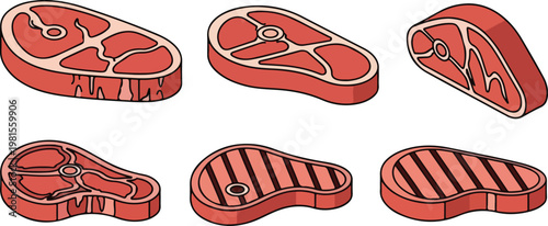 Meat icon set. Beef vector illustration. BBQ sign. Raw meat pictogram. Grilled steak icon. Steak symbol.