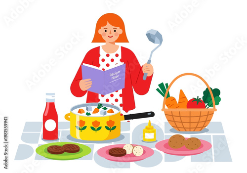 Cheerful Woman Cooking Healthy Meal in Kitchen with Recipe Book Flat Illustration