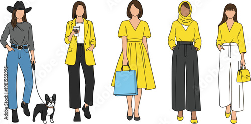 Vector set of modern minimalist women characters in trendy yellow and black outfits including a woman walking a dog shopping and wearing a hijab for diverse lifestyle fashion concepts