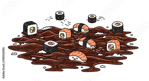 Whimsical sushi pieces floating in soy sauce.