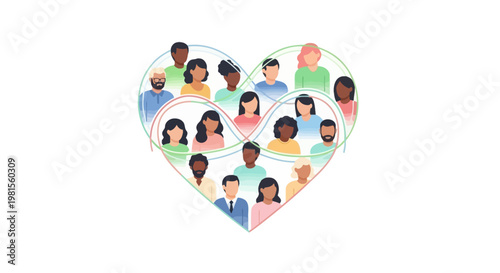Diverse illustrated people portraits inside heart shape.