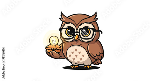 Adorable cartoon owl with glasses holding glowing pie.
