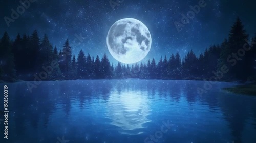 Wallpaper Mural A serene nighttime landscape with a full moon over a calm lake surrounded by trees Torontodigital.ca
