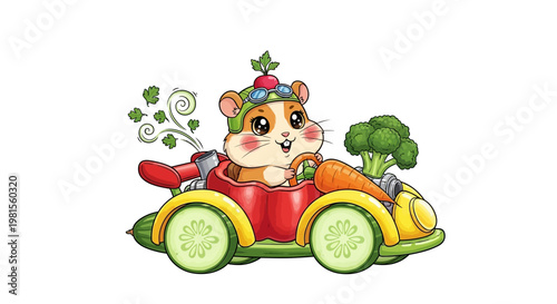 Cute hamster driving vegetable car with cucumber wheels.