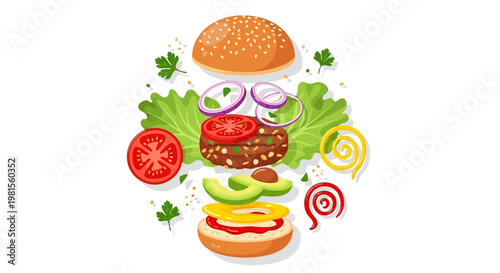 Exploded hamburger layers with fresh ingredients illustration.