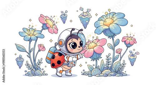 Cute astronaut ladybug character with helmet and backpack.