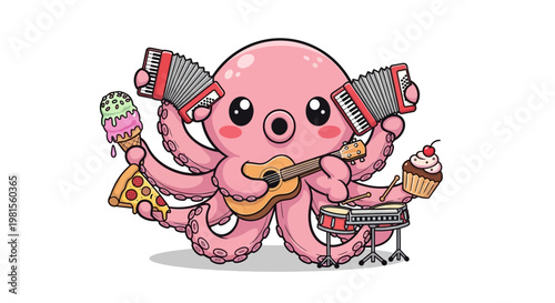 Cute cartoon octopus multitasking with instruments and treats.