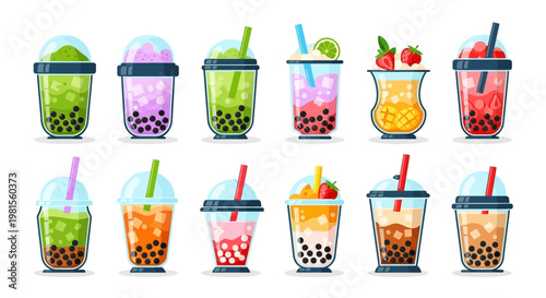 Assorted colorful bubble tea cups with tapioca pearls and straws.