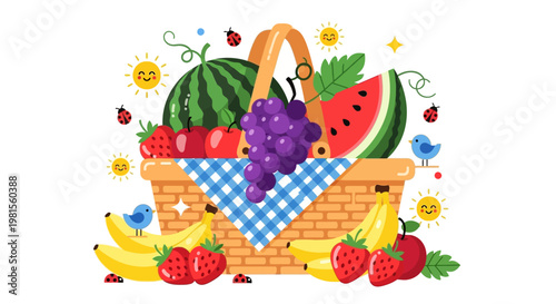 Wicker picnic basket filled with assorted summer fruits.
