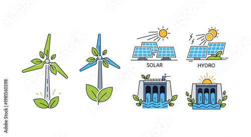Renewable energy icons wind solar and hydro illustration.