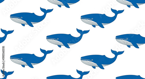 A repeating pattern of stylized blue whales swimming on a white background