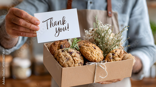 Person holding gift box of cookies with thank you card in kitchen