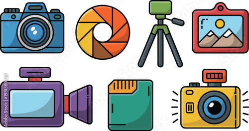 Flat photography equipment icons collection featuring camera lens tripod gallery flash memory card and digital devices