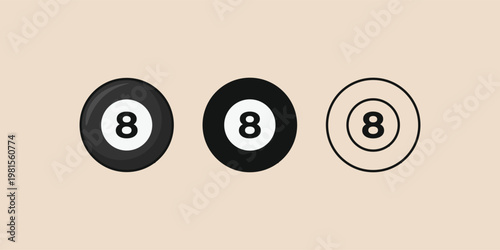 Three billiard balls displayed on a beige background. Center ball is solid black with white number eight. Left ball is identical, slightly darker tone. Right ball is outlined, showing subtle shading