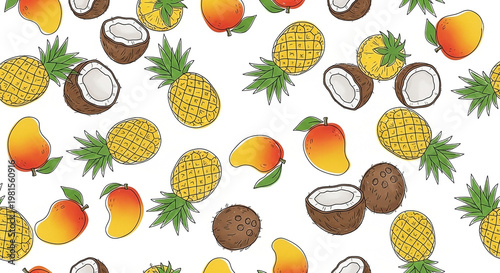 Scattered tropical fruits pineapples, coconuts, and mangoes on white