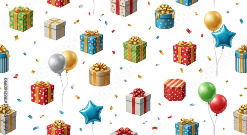 Festive birthday presents, balloons, and confetti on a white background