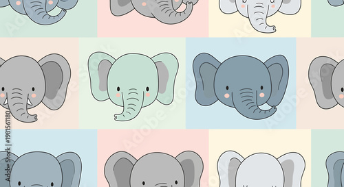 Cute Elephant Faces Pattern, Kawaii Baby Elephants, Pastel Colors, Seamless Background