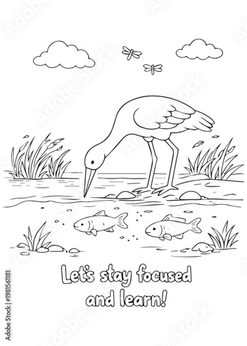 coloring book cute stork staying focused and learning