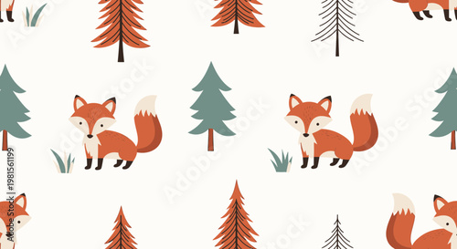 Cute Fox Forest Pattern: Whimsical Woodland Creatures and Pine Trees