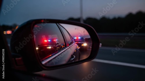 Slow motion video of a car pulling over with flashing police lights in realistic 4K footage