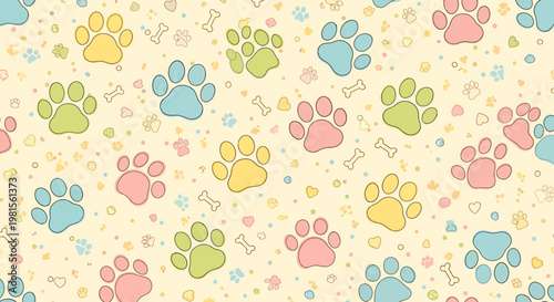 Cute Paw Prints Pattern, Pastel Colors, Seamless Background for Pets, Baby, Kids