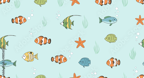 Cute Seamless Pattern with Colorful Cartoon Fish, Starfish and Bubbles on Light Blue Background