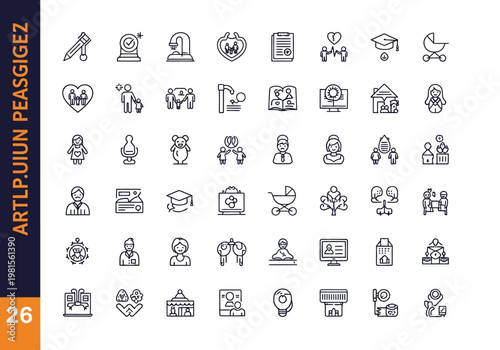 Comprehensive Set of Life Milestones and Social Service Line Icons for Family, Health, Education, and Community