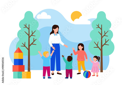 Preschool Teacher and Diverse Children Playing Outdoors in Park Vector Illustration for Kindergarten, Daycare, and Early Childhood Education Concepts