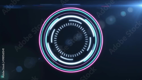 Futuristic circular hud with concentric neon rings and radial dashes on dark background with lens flares