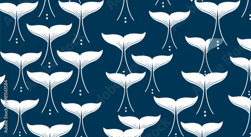 Whale Tail Pattern - Nautical Navy Blue and White Seamless Vector Illustration