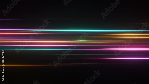 Horizontal neon light streaks in multiple colors on a dark background, dynamic abstract motion effect.