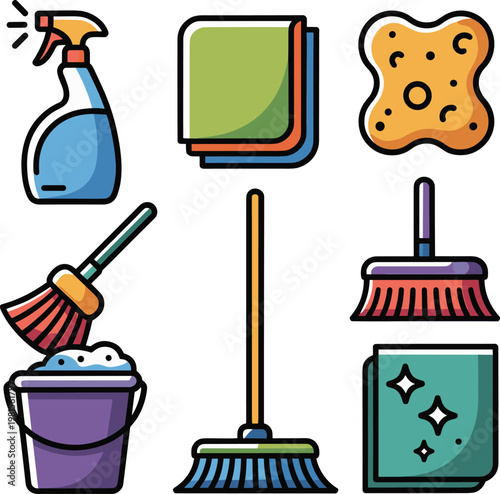 House cleaning tools icons set with spray bottle sponge mop broom bucket and detergent supplies