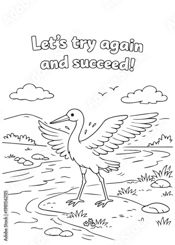 coloring book cute stork trying again and succeeding by the water