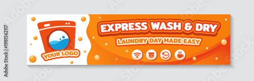 Orange self-service laundry banner template, Express wash and dry signage with icons for wifi, CCTV, 24 hours service and coffee shop. Horizontal vector design.