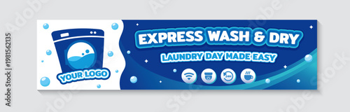 Blue self-service laundry banner template, Express wash and dry signage with icons for wifi, CCTV, 24 hours service and coffee shop. Horizontal vector design.