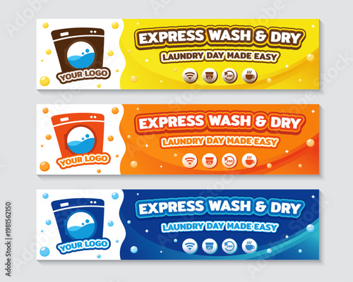 Set of self-service laundry shop banner templates with washing machine icon and service symbols. Three color variants: blue, orange, and yellow. Horizontal signage vector for laundromat business.