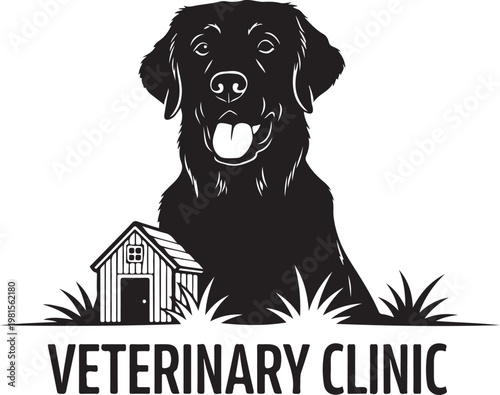 Black and white vector illustration of a dog and a doghouse