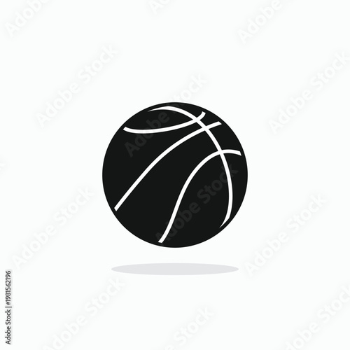 Dark basketball floats above light surface. White lines contrast sharply against matte sphere. Shadow beneath hints at gentle motion or pause. Ideal for sports, game, or fitness branding