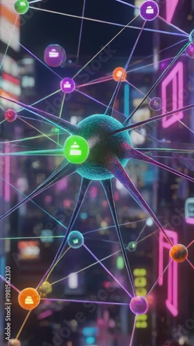 Wallpaper Mural Neon-lit cityscape with glowing network connections at night Torontodigital.ca