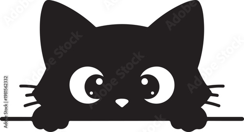 Cute black cat peeking over a wall, vector illustration