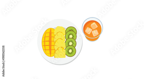 A top-down perspective showcases a pristine white plate filled with arranged mango, pineapple, and kiwi slices alongside a cold glass of iced orange juice.